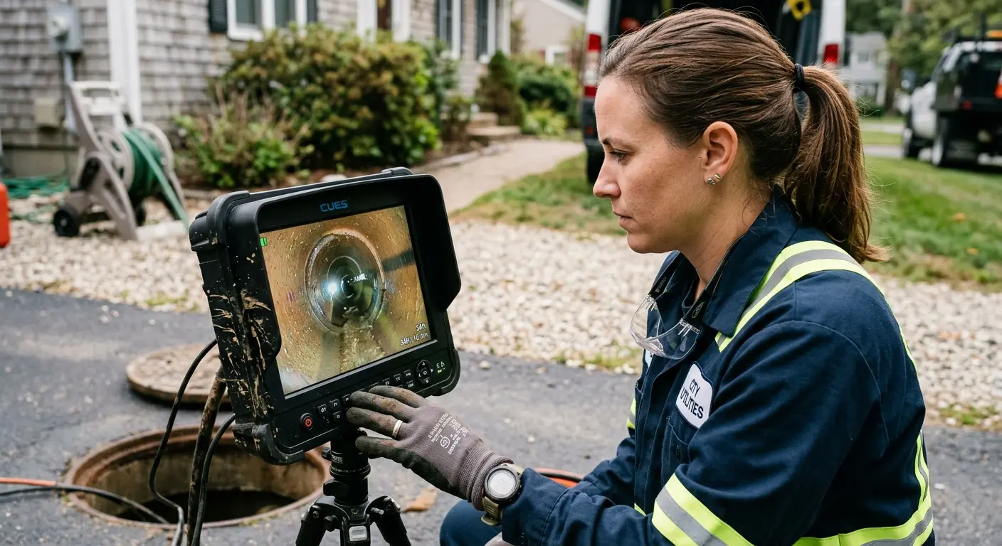 Technician reviewing sewer camera inspection footage in Brownsburg