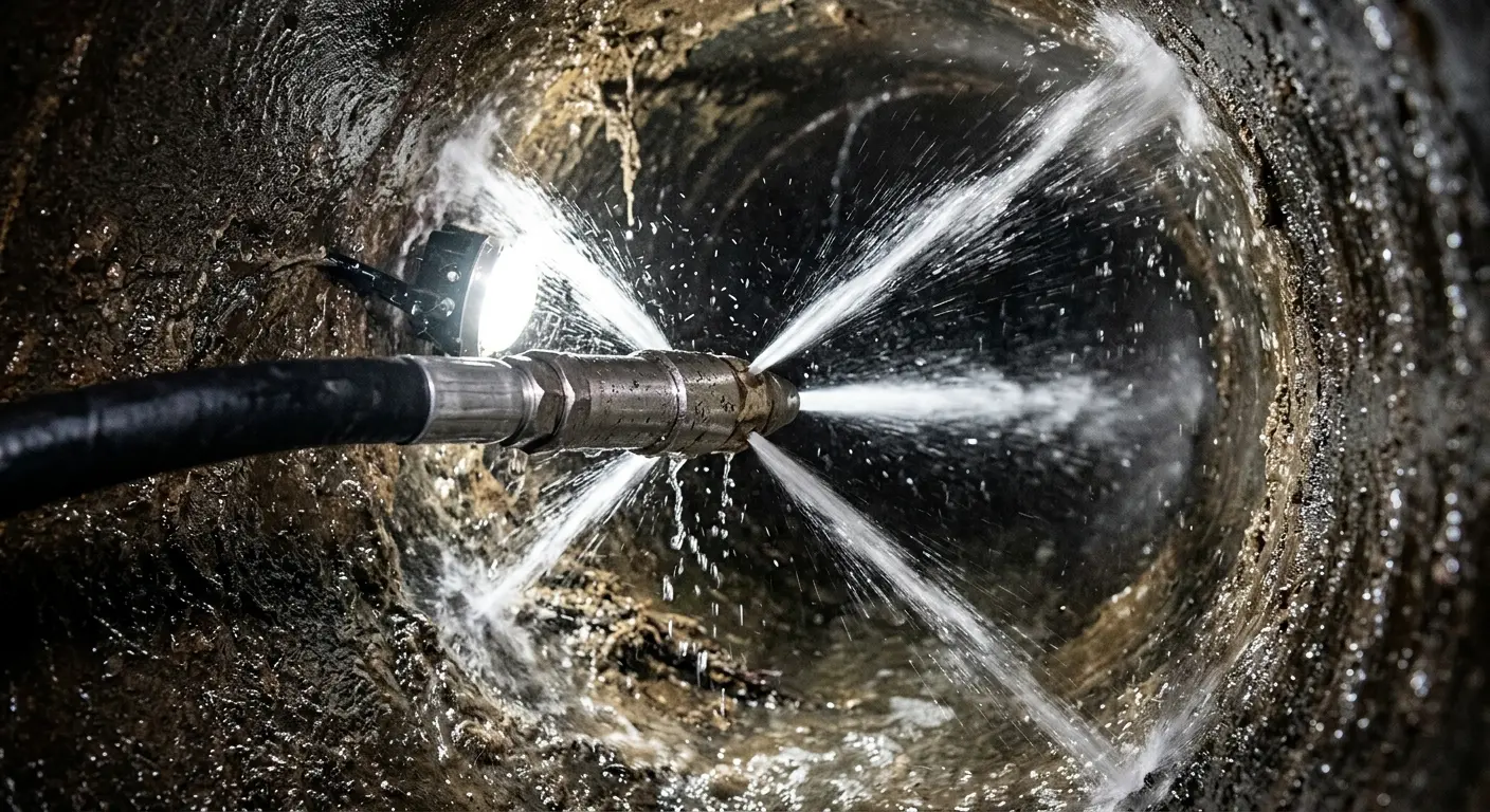 High-pressure hydro jetting nozzle cleaning sewer pipe for Emergency Drain Service in Brownsburg