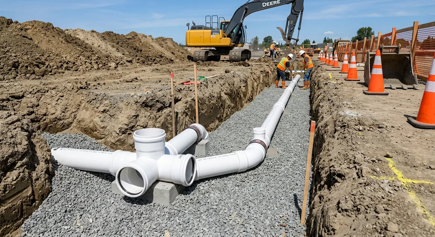 New PVC sewer pipe installation in open trench for Commercial Drain Cleaning in Brownsburg
