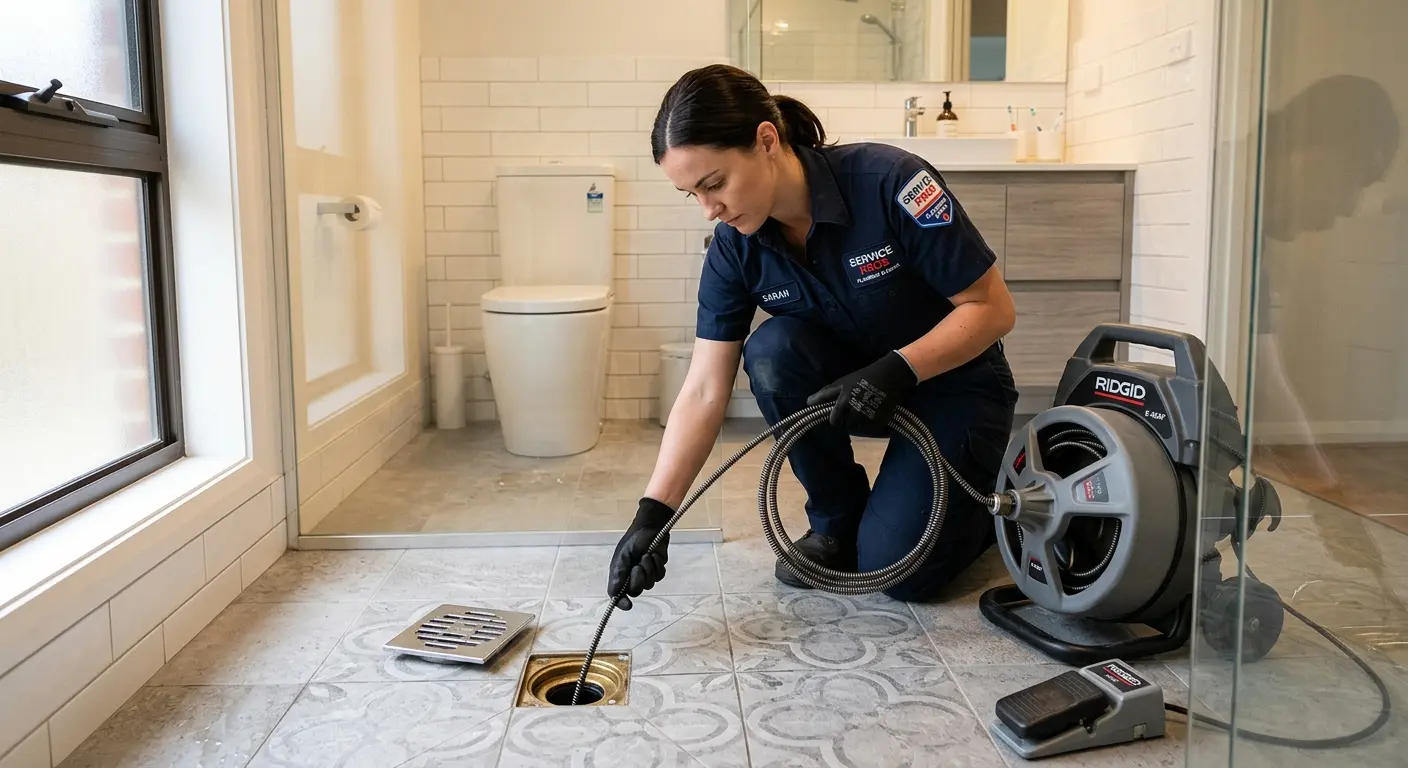 Technician clearing a bathroom floor drain for Clogged Drain Repair in Brownsburg